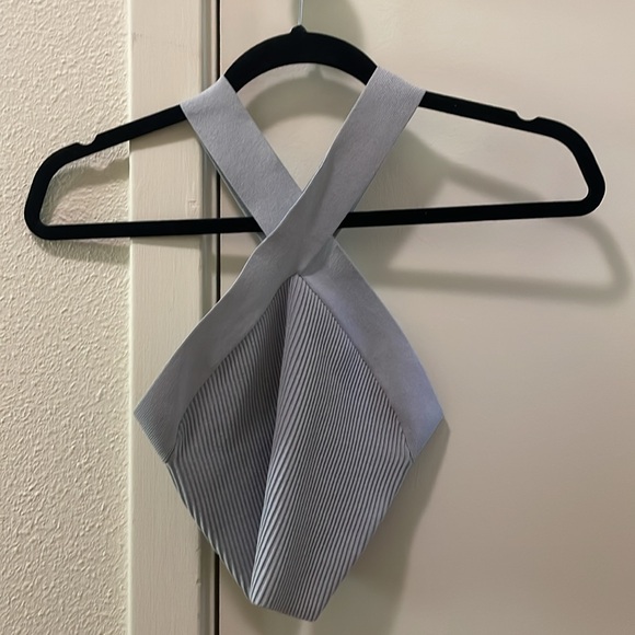 Aritzia Sculpt Knit Criss Cross Cropped Tank Cement Blue - Picture 4 of 6